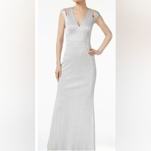 Calvin Klein Silver Shimmer Neck Cold shoulder gown